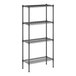 A black metal wire shelving unit with four shelves.