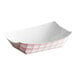 A white rectangular paper food tray with red checkered design.