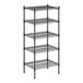 A black wire shelving unit with four shelves.