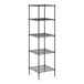 A black wire shelving unit with four shelves.