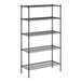 A black wire shelving unit with five shelves.