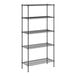 A black metal wire shelving unit with five shelves.