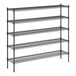 A black wire shelving unit with five shelves.