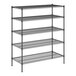 A black wire shelving unit with five shelves.