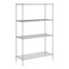 A wire shelving unit with four shelves.