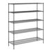 A black wire shelving unit with five shelves.