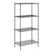 A black wire shelving unit with four shelves.