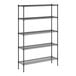 A black wire shelving unit with four shelves.