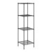 A black wire shelving unit with four shelves.