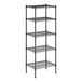 A black wire shelving unit with four shelves.