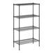 A black wire shelving unit with four shelves.