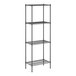 A black wire shelving unit with four shelves.