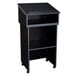 A black Oklahoma Sound tabletop lectern on a lectern base with wheels.