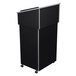 A black podium with a silver edge.