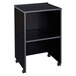 A black Oklahoma Sound tabletop lectern and lectern base on wheels.