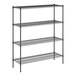 A black wire shelving unit with four shelves.