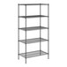 A black wire shelving unit with four shelves.