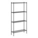 A black wire shelving unit with four shelves.