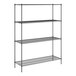 A black wire shelving unit with four shelves.