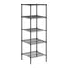 A black wire shelving unit with four shelves.