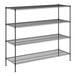 A black wire shelving unit with four shelves.