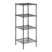 A black wire shelving unit with four shelves.