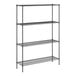 A black wire shelving unit with four shelves.