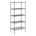 A black wire shelving unit with five shelves.