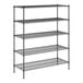 A black wire shelving unit with four shelves.