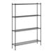 A Regency black metal wire shelving unit with four shelves.