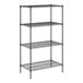 A black wire shelving unit with four shelves.