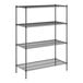 A black wire shelving unit with four shelves.