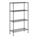 A black wire shelving unit with four shelves.