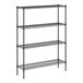 A black wire shelving unit with four shelves.