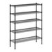 A black metal wire shelving unit with five shelves.