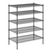 A black metal wire shelving unit with four shelves on metal posts.