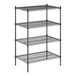 A black wire shelving unit with four shelves.