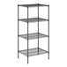 A black wire shelving unit with four shelves.