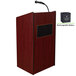 A mahogany wooden Oklahoma Sound lectern with a black battery pack on the side.