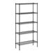 A black wire shelving unit with five shelves.