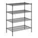 A black wire shelving unit with four shelves.