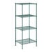 A green wire shelving unit with four shelves.