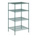 A green wire shelving unit with four shelves.