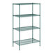 A Regency green metal wire shelving unit with four shelves.