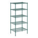 A green wire shelving unit with four shelves.