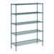 A green metal wire shelving unit with five shelves.