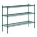 A green metal wire shelving unit with three shelves.