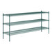 A green metal wire shelving unit with three shelves.