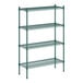 A green metal wire shelving unit with four shelves.