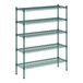 A green metal wire shelving unit with four shelves.